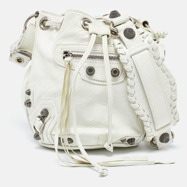 Balenciaga White Leather XS Le Cagole Bucket Bag | Studded Leather Shoulder Bag