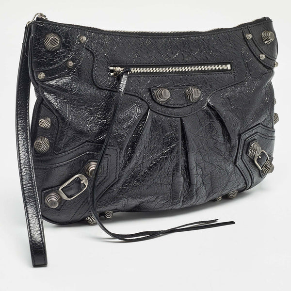 Balenciaga Black Leather SGH Flat Wristlet Clutch | Designer Clutch Bag