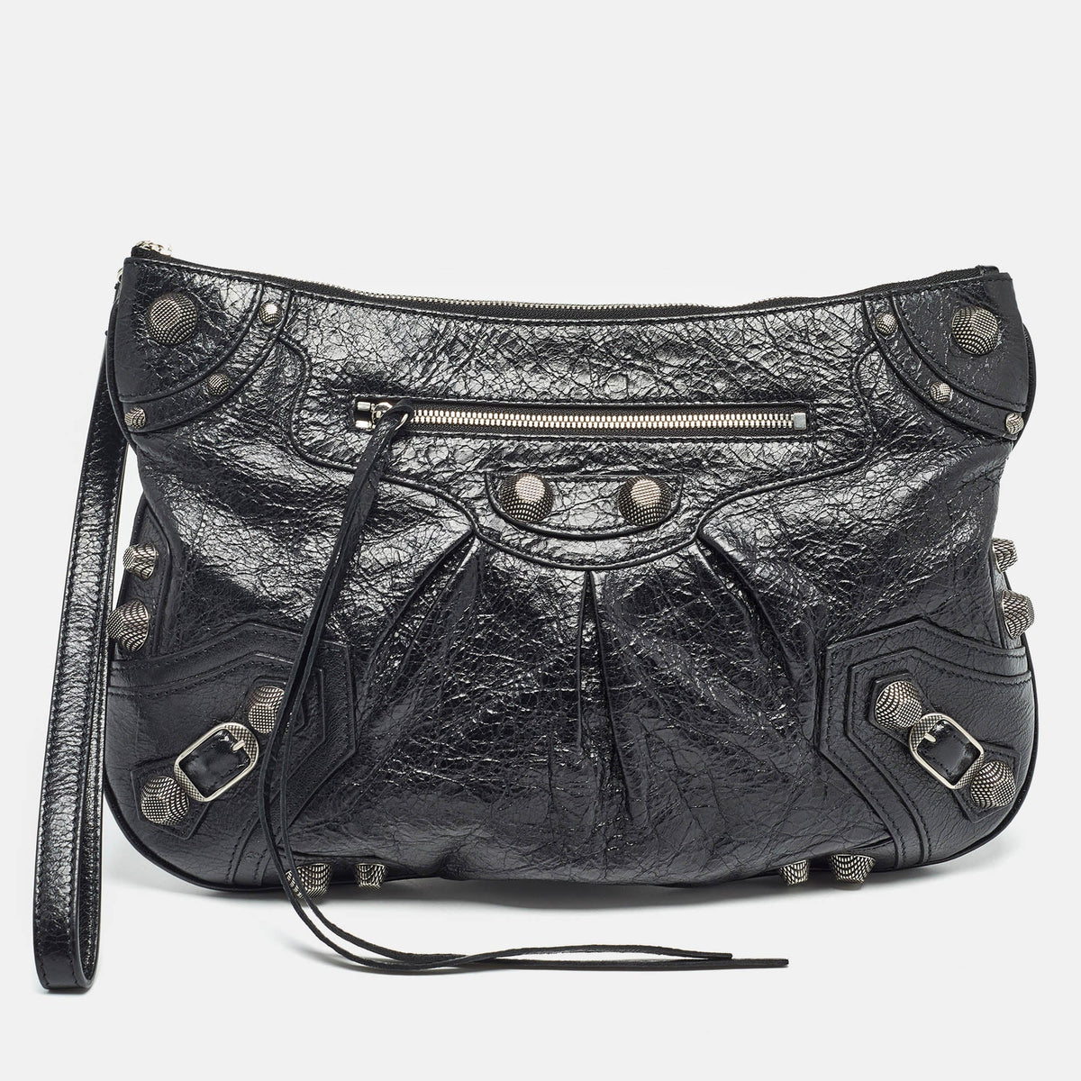 Balenciaga Black Leather SGH Flat Wristlet Clutch | Designer Clutch Bag