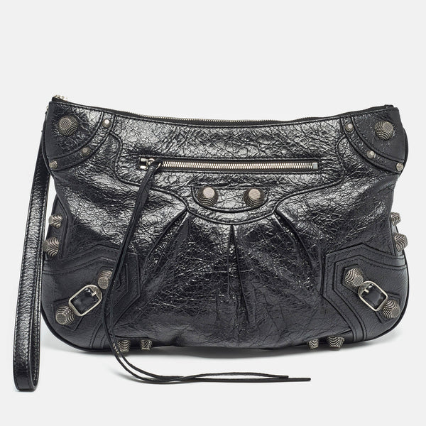 Balenciaga Black Leather SGH Flat Wristlet Clutch | Designer Clutch Bag