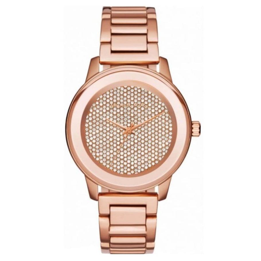 Side view of Michael Kors women's rose gold watch