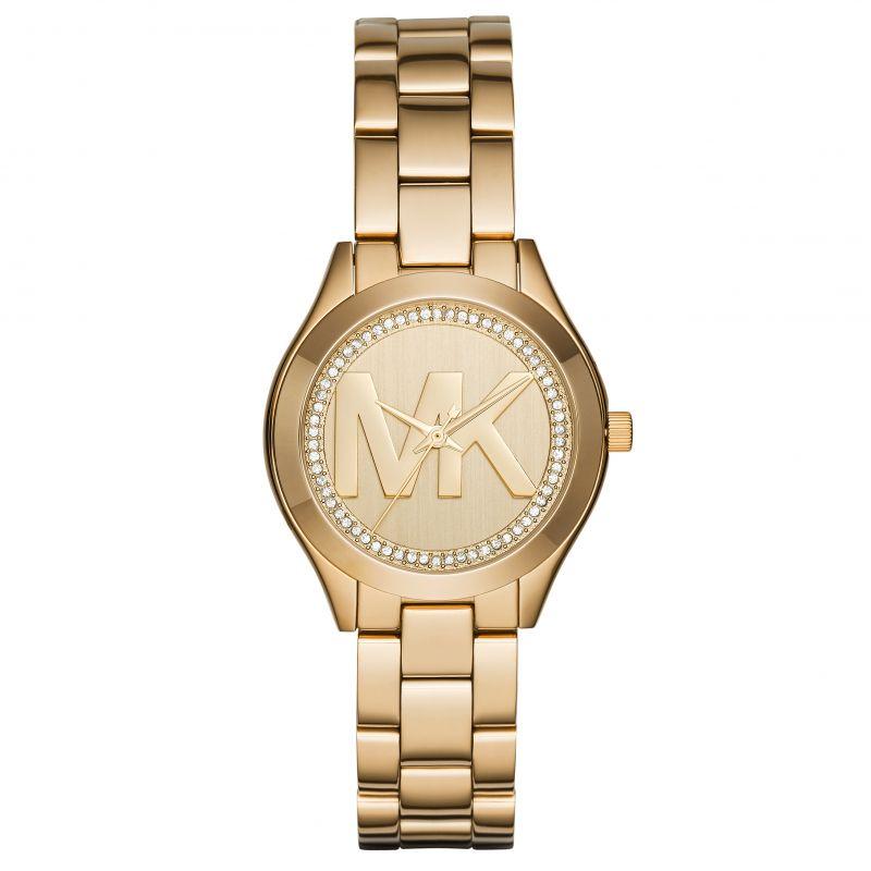 Side view of Michael Kors women's gold watch