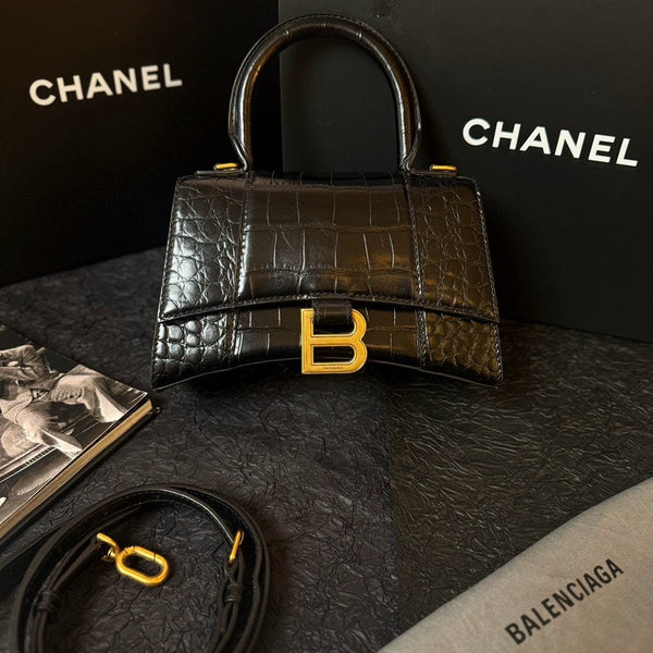 Balenciaga Hourglass Bag Black Gold Shoulder Bag — Designer Top Handle Bag