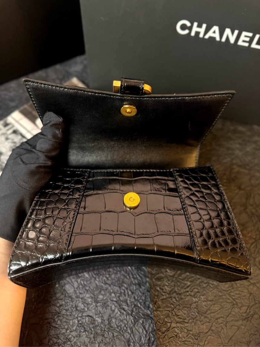 Balenciaga Hourglass Bag Black Gold Shoulder Bag — Designer Top Handle Bag
