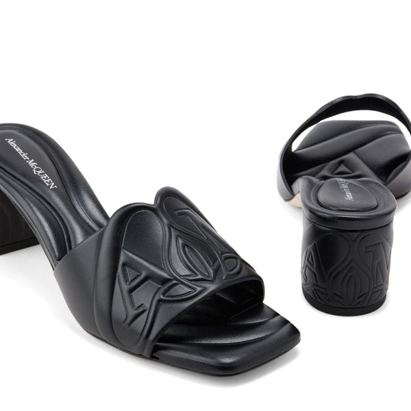 Close-up of Alexander McQueen sandals hardware and fine stitching