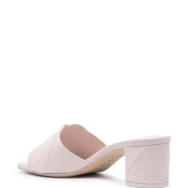 Close-up of Alexander McQueen sandals hardware and fine stitching