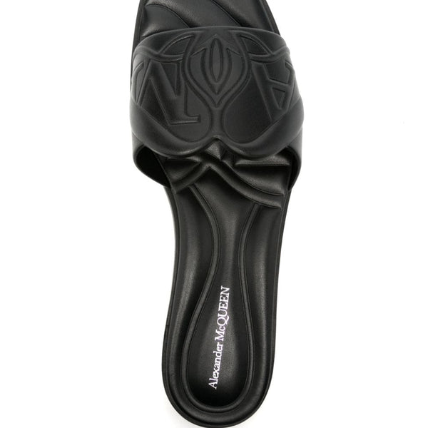 Close-up of Alexander McQueen sandals hardware and fine stitching